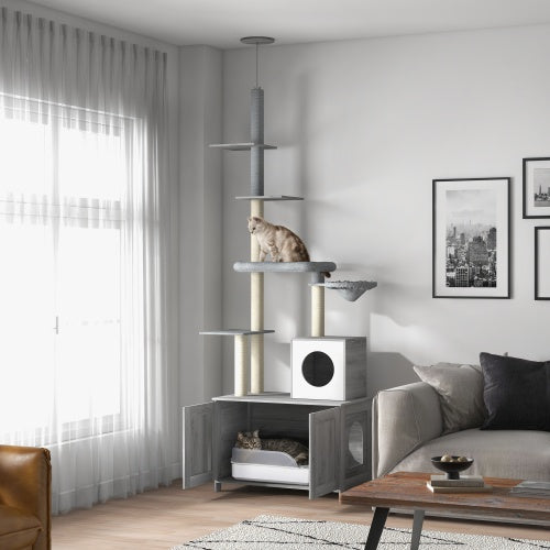 Cat Tree With Litter Box Enclosure, 2 In 1 Floor To Ceiling Cat Tower