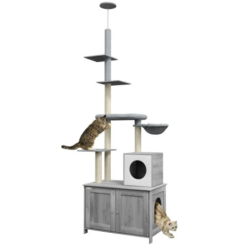 Cat Tree With Litter Box Enclosure, 2 In 1 Floor To Ceiling Cat Tower
