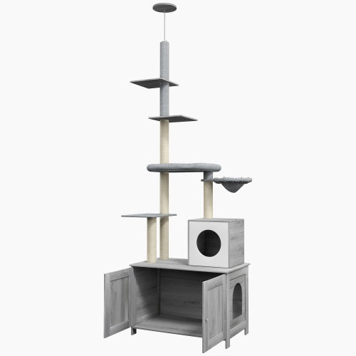 Cat Tree With Litter Box Enclosure, 2 In 1 Floor To Ceiling Cat Tower